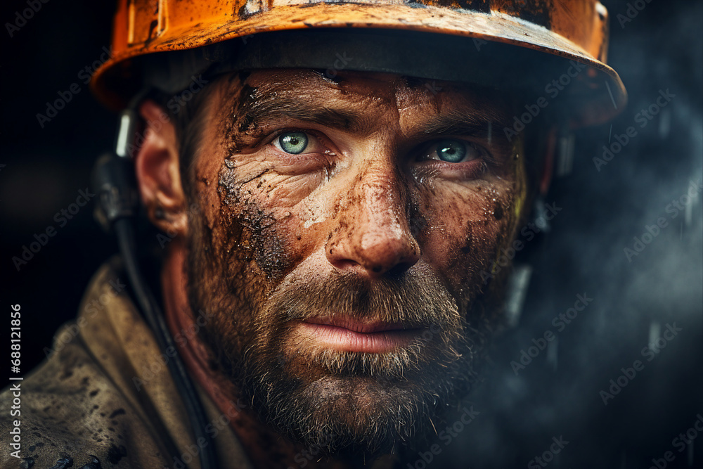 Generative ai technology portrait of mine worker wearing helmet extracting coal resources dirty face Generative ai technology portrait of mine worker wearing helmet extracting coal resources dirty face