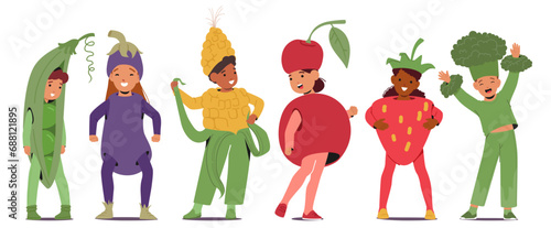 Joyful Kids In Vibrant Vegetable Costumes. Broccoli, Eggplant, Corn Cob or Green Peas, Strawberry or Cherry Characters
