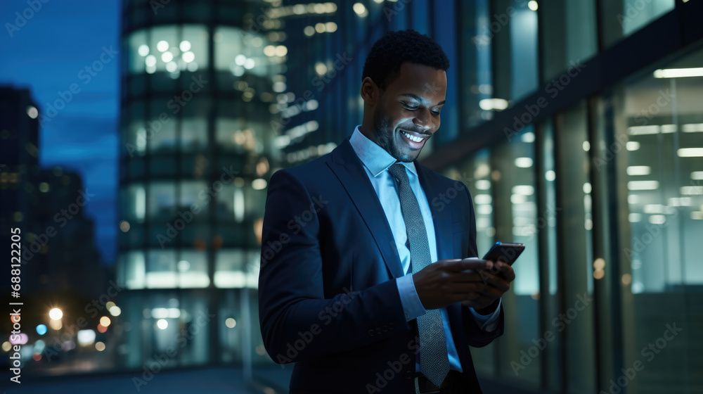 Fototapeta premium Smiling man in a business suit is looking at his smartphone, standing indoors with the night city lights reflected in the glass window behind him.