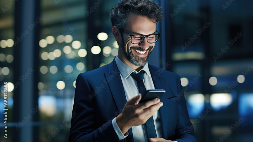 Smiling man in a business suit is looking at his smartphone against office background Smiling man in a business suit is looking at his smartphone against office background