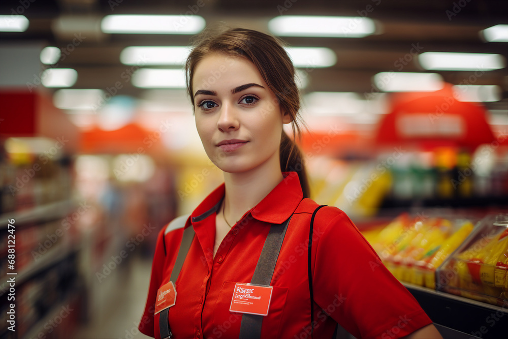 Generative AI picture of cheerful woman working as a cashier in a grocery store