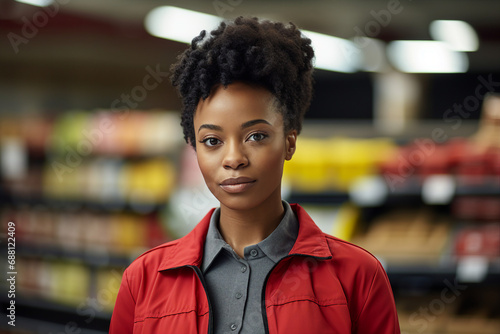 Generative AI picture photo of cheerful charming woman working in a grocery store