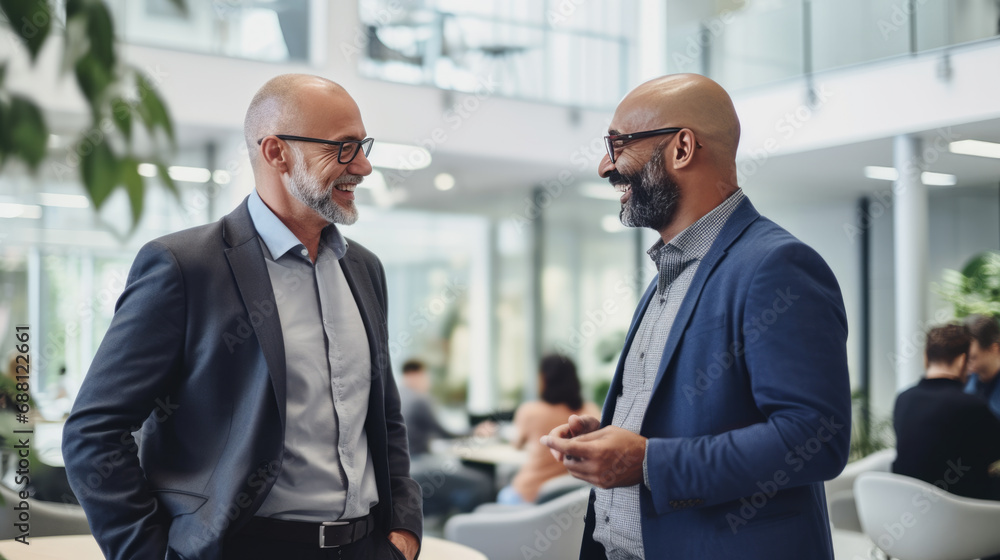 Smiling men in business casual attire with glasses are engaged in a friendly conversation in a modern office setting Smiling men in business casual attire with glasses are engaged in a friendly conversation in a modern office setting