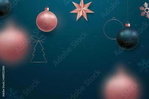 Green Christmas background with hanging rose gold and dark green balls. Unique design for banner, poster or invitation.