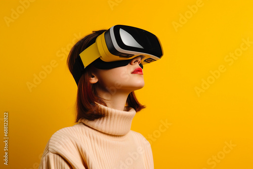 Youngster watching 3d object in virtual world fun cheerful vr glasses goggles generative ai © Tetiana