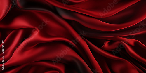 Black red silk satin. Beautiful soft folds. Shiny fabric.Dark luxury background with space for design.