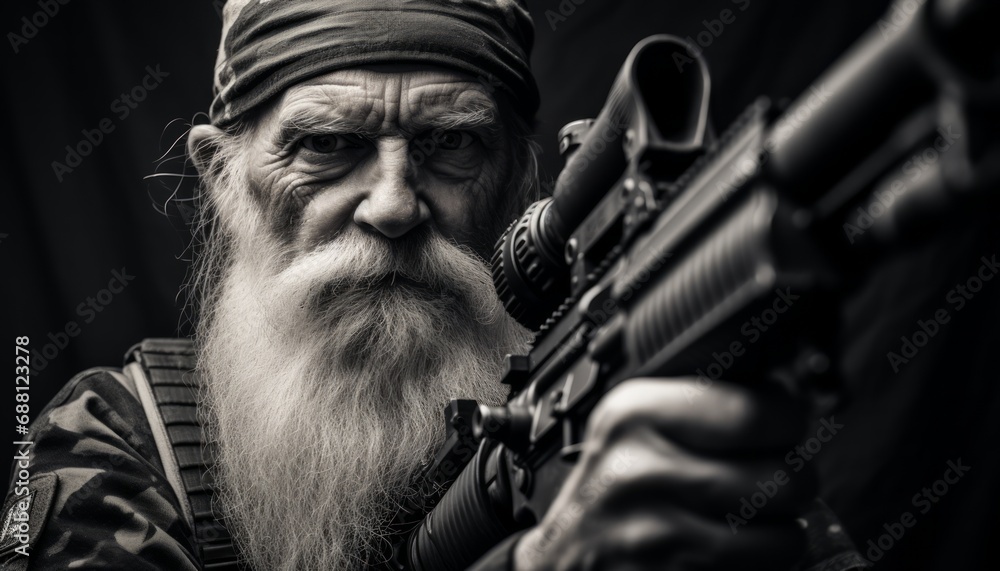 Silent Valor: Black & White Portrait of a War Veteran Holding Gun