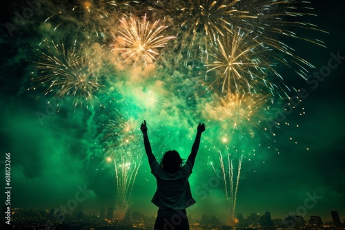 Rear view photo of a young woman hands up on dark emerald background with bright fireworks and city view, copyspace
