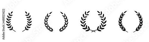 Set of black circular foliate laurels branches. Vector black laurels set. Emblem floral greek branch flat style