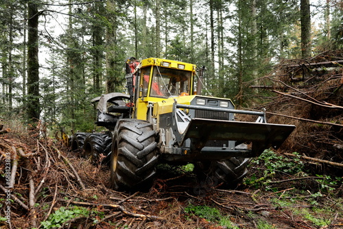 Maschine zur Bearbeitung von Holz steht im Wald