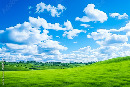 Panoramic natural landscape with green grass field and blue sky with clouds