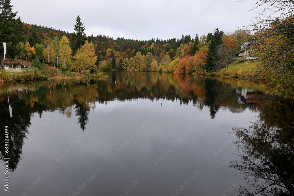 Der Herbstwald spiegelt sich im Klosterweiher bei Sankt Blasien im Schwarzwald Der Herbstwald spiegelt sich im Klosterweiher bei Sankt Blasien im Schwarzwald