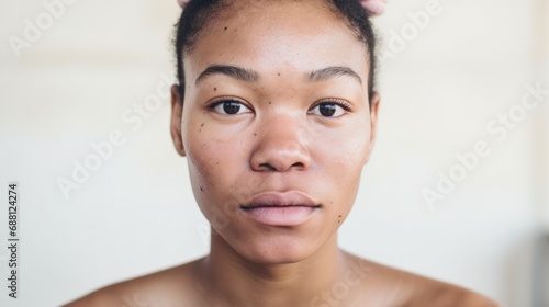Genuine beauty shines through as a woman with mixed skin tones poses against a neutral studio background
