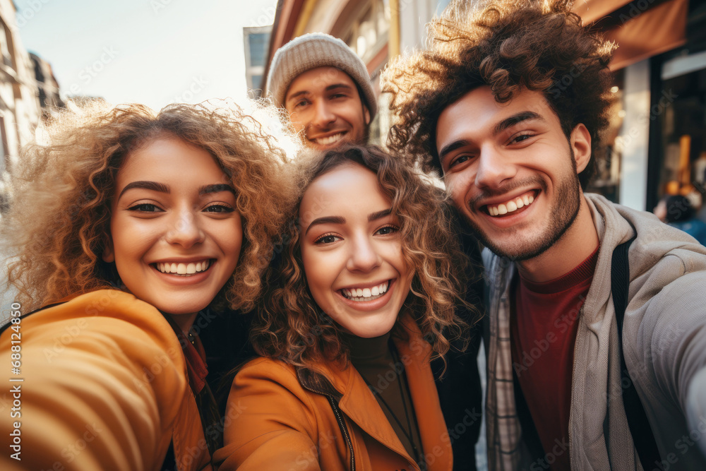 A small group of friends taking a selfie photo smiling at the camera. Close-up of boys and girls enjoying a vacation in autumn. Concept of friendship and relationships. Generative Ai