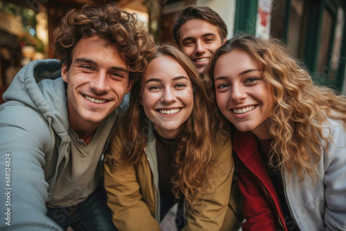 Young people with happy and funny expressions taking a selfie on the city's streets. Concept of friendship and relationships. Generative AI