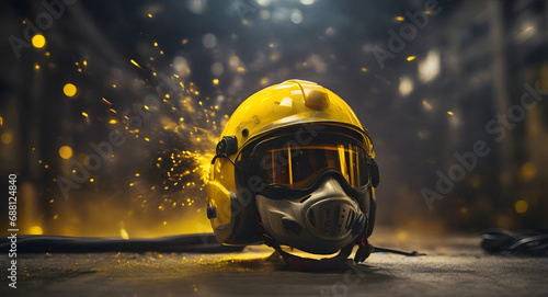 Yellow helmet with breathing mask