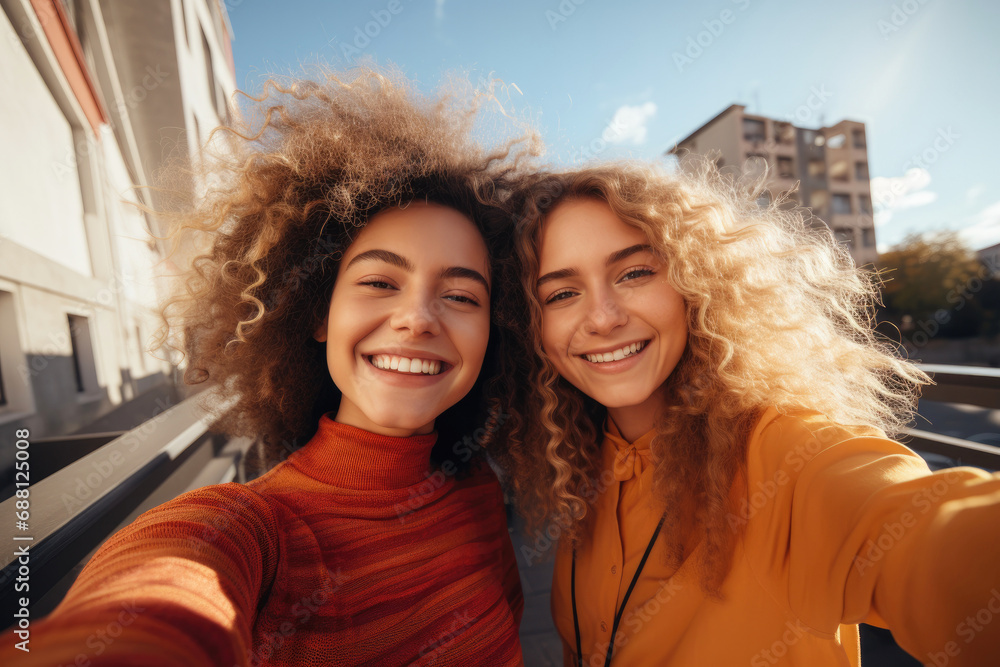 Close-up of two friends with smiling expression and sun reflection in their curly hair taking a selfie on the stairs in the city. Friendship and fun concept. Ai generated Close-up of two friends with smiling expression and sun reflection in their curly hair taking a selfie on the stairs in the city. Friendship and fun concept. Ai generated