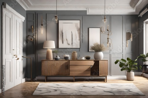 A welcoming home entrance in 3D rendering  featuring a stylish sideboard  a comfortable armchair  