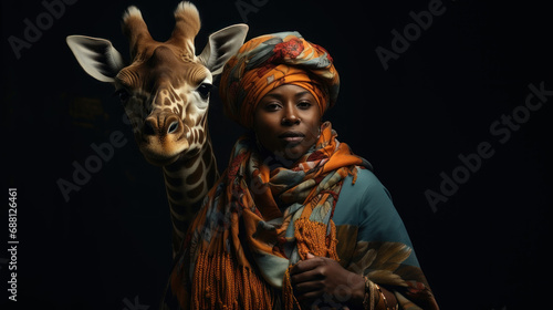 African woman studio portrait with giraffe on black background
