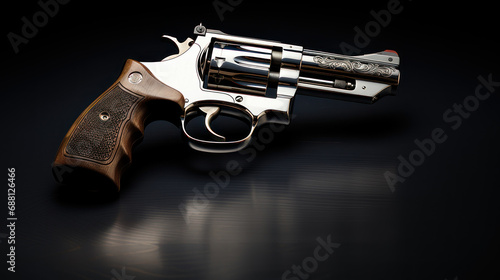 Revolver on a black reflective background. Classic weapon gun.
