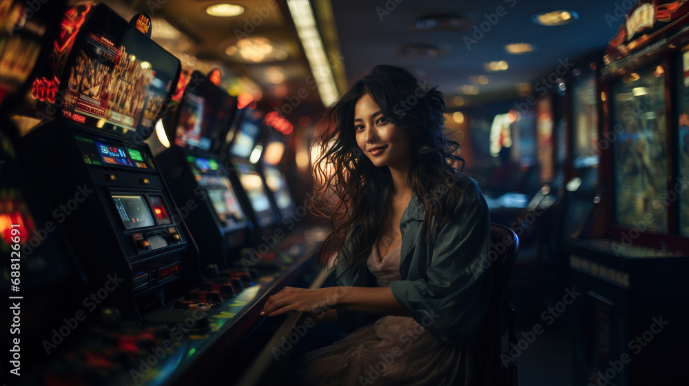 Beautiful asian woman playing slot machine in the casino. - obrazy, fototapety, plakaty 
