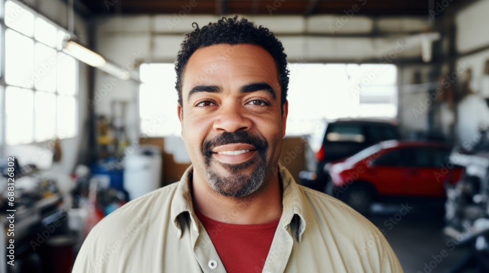 Happy auto mechanic smiles for the camera in the repair shop. Happy auto mechanic smiles for the camera in the repair shop.