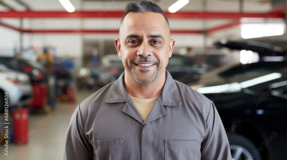 Content automotive expert poses with confidence in the repair shop setting. Content automotive expert poses with confidence in the repair shop setting.