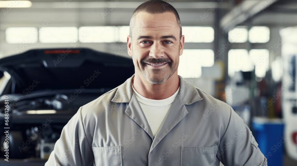Auto specialist beams with happiness while posing at the repair shop.
