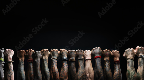 Group of hands with tattooed arms raised up. Black background.