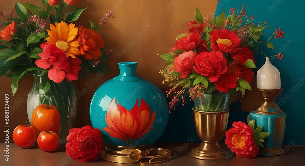 a painting of vases and flowers on a table
