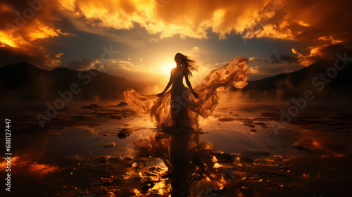 Silhouette of a fantasy woman in a long white dress on the background of the sunset. Silk fabric skirt flying fluttering in wind.