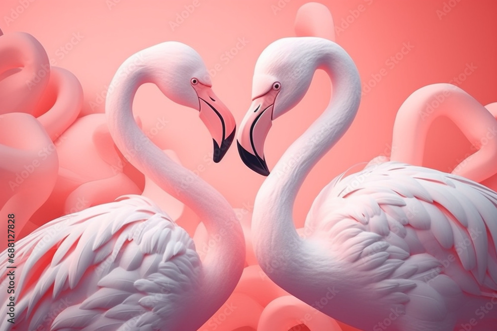 Naklejka premium Abstract nature, birds, Valentines and lovers day concept illustration. Two pink flamingo birds making heart shape with their necks and standing in front of each other.