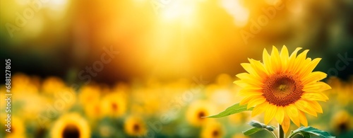 Sunflower in sunny spring or summer day. Horizontal background, copy space for text, banner or wallpaper