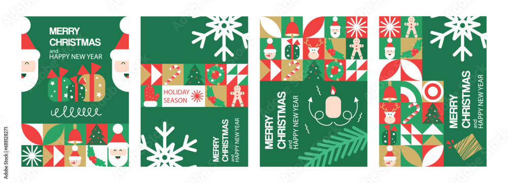 Set of geometric Merry Christmas and New Year posters. Vector illustration for greeting cards, posters, covers in a modern minimalist style. Set of geometric Merry Christmas and New Year posters. Vector illustration for greeting cards, posters, covers in a modern minimalist style.
