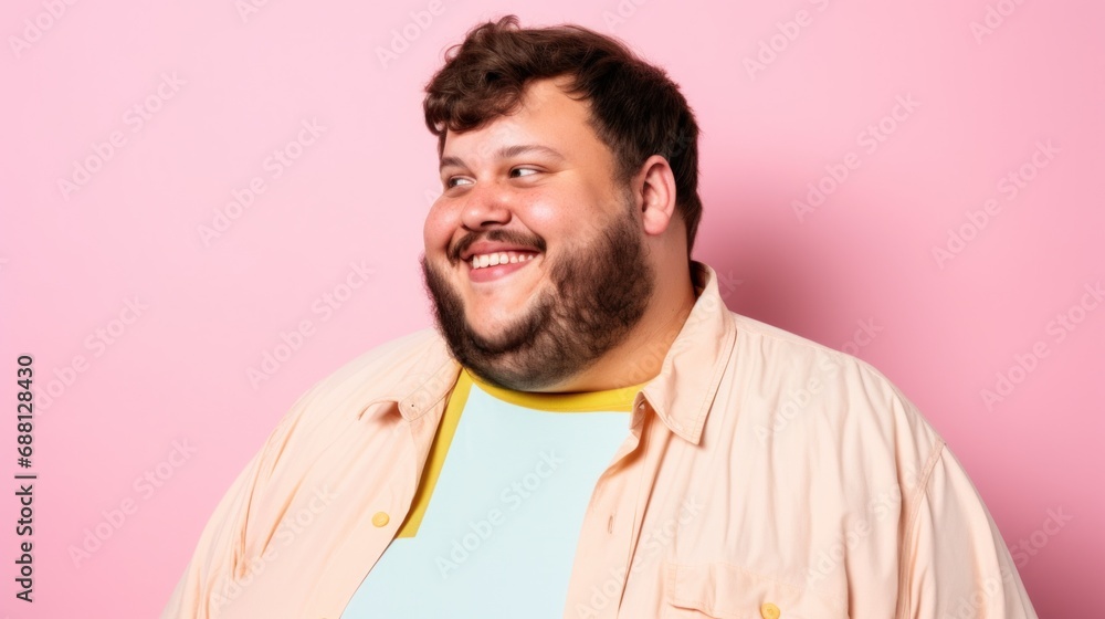 Fototapeta premium Happy, plus-size man in pastel clothes poses against a light beige-pink studio backdrop.