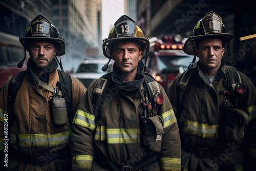 Portrait of group firefighters standing wearing their gear in the city