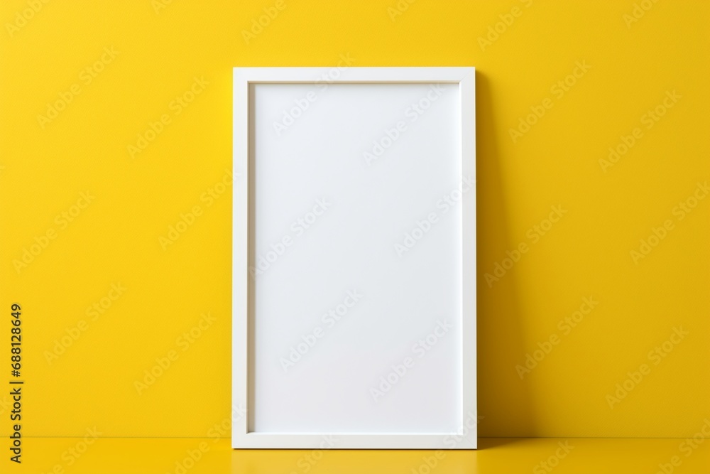 a blank empty mockup frame on a vivid yellow wall. a blank empty mockup frame on a vivid yellow wall.