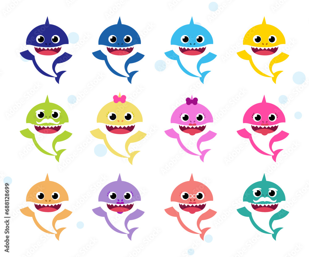 Set cartoon shark family collection vector. Baby shark family vector set. Baby shark icon. Set cartoon shark family collection vector. Baby shark family vector set. Baby shark icon.