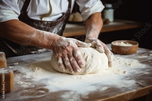 Close-up view of a male hands kneading dough on a board sprinkled with flour. © Liaisan