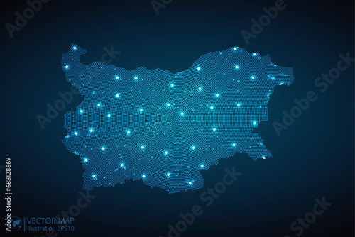 Bulgaria map radial dotted pattern in futuristic style, design blue circle glowing outline made of stars. concept of communication on dark blue background. Vector illustration EPS10