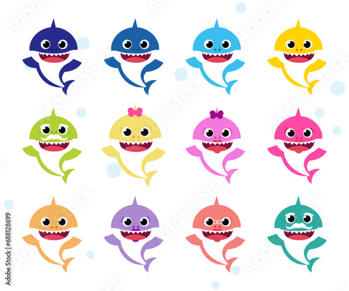 Set cartoon shark family collection vector. Baby shark family vector set. Baby shark icon.