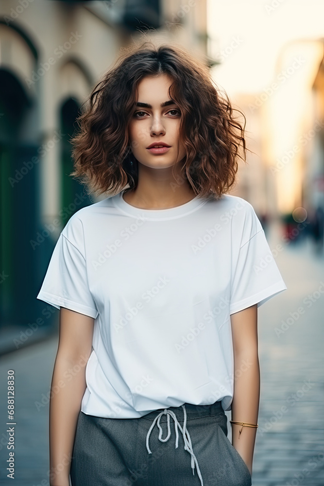 A beautiful model in white blank T shirt with street background