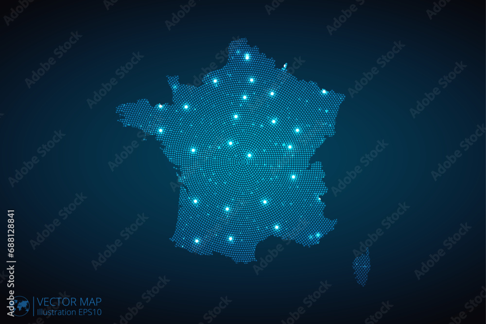 France map radial dotted pattern in futuristic style, design blue circle glowing outline made of stars. concept of communication on dark blue background. Vector illustration EPS10
