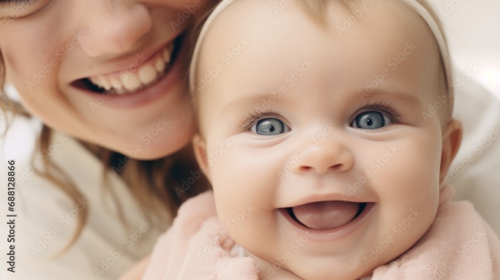 Posed together, the baby and mother beam with joy. Posed together, the baby and mother beam with joy.