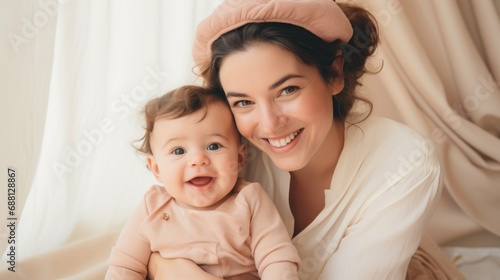 Sweet portrait of an elated infant and a joyful mother looking at the camera.