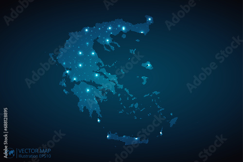 Greece map radial dotted pattern in futuristic style, design blue circle glowing outline made of stars. concept of communication on dark blue background. Vector illustration EPS10