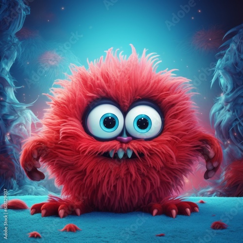 A red funny fuzzy furry cartoon monster character with big eyes and big teeth