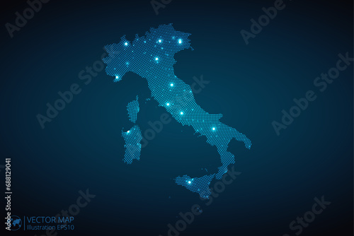 Italy map radial dotted pattern in futuristic style, design blue circle glowing outline made of stars. concept of communication on dark blue background. Vector illustration EPS10