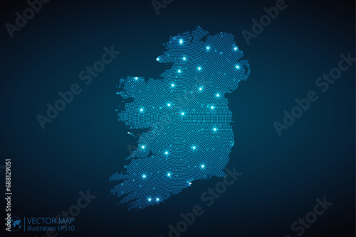 Ireland map radial dotted pattern in futuristic style, design blue circle glowing outline made of stars. concept of communication on dark blue background. Vector illustration EPS10