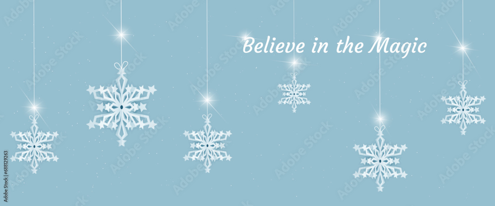 Beautiful paper snowflakes hang on a white thread with a bow, for decoration of backgrounds, cards, web pages. Beautiful paper snowflakes hang on a white thread with a bow, for decoration of backgrounds, cards, web pages.